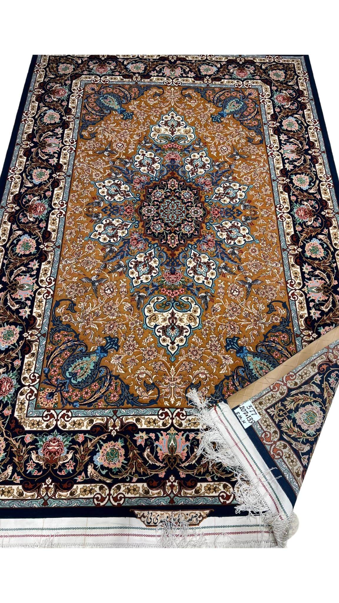 "Artistic Persian rug with floral and traditional motifs, handmade in Iran"
